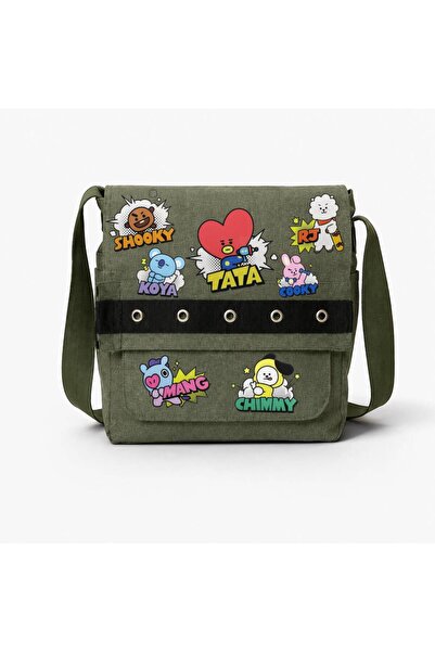 Minga London Khaki Bt21 Character Printed Round Eyelet Messenger Bag