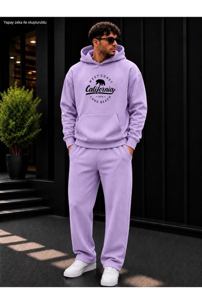 caddekombin Men's California West Coast Bear Printed Tracksuit Set / Hooded K...