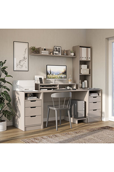 ROOMART Mode Kitaplıklı ve Raflı Çalışma Masası , Raflı Monitör Standlı Çalış...