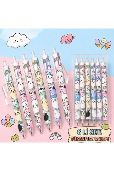 synshop 6-Piece Chiikawa Kawaii Patterned Ballpoint Pen Set Pressable Cute Pe...