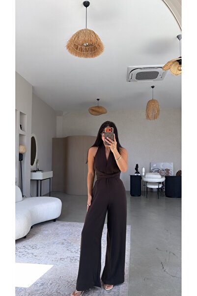 Buket Teke Brown Crepe Fabric Tied Premium Jumpsuit