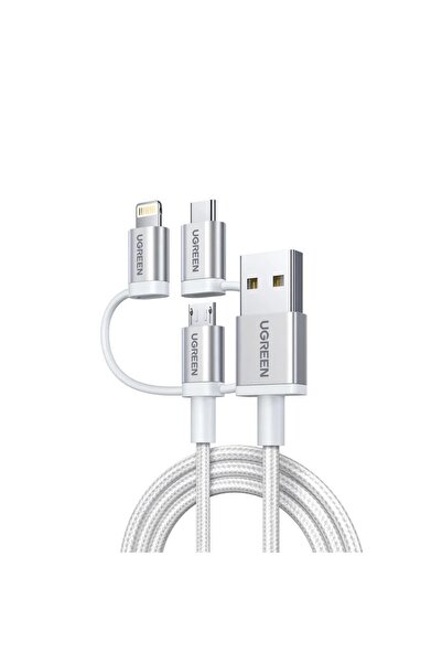 Ugreen Cablu de date USB-C la Lightning la Micro-USB la USB-A, 1,5 m - alb