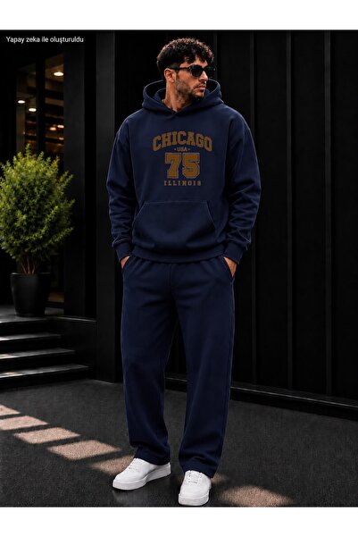 caddekombin Men's Chicago 75 Printed Tracksuit Set / Hooded Sweatshirt with K...