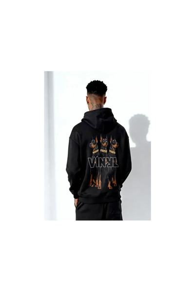 VINYL ART CLOTHING Φούτερ με κουκούλα από μαύρο βαμβάκι, oversized, με στάμπα...