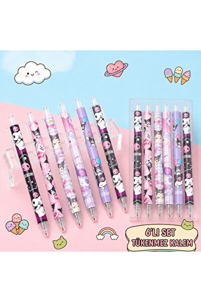 synshop 6-Piece Kawaii Cute Cat Kuromiii Patterned Ballpoint Pen Set Pressabl...