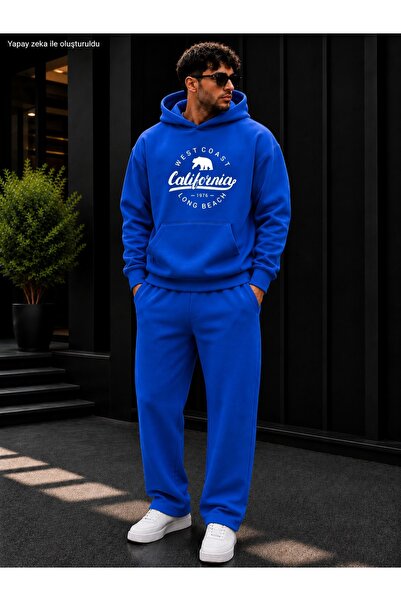 caddekombin Men's California West Coast Bear Printed Tracksuit Set / Hooded K...