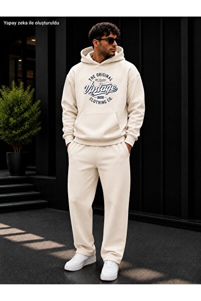 caddekombin Men's the Original Vintage Printed Tracksuit Set / Hooded Kangaro...