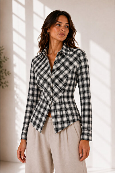 Manche Plaid Patterned Women's Shirt with Belted Waist