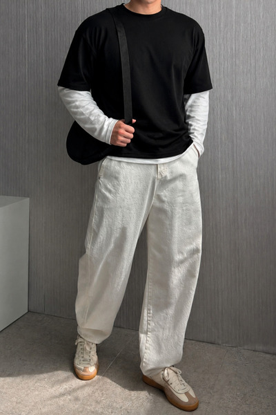 Tarz Cool Men's Black and White Layered Crew Neck 100% Cotton Oversize T-Shirt