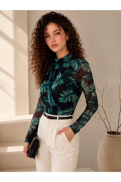 MELA ROSSA Women's Black Leaf Patterned Stand Collar Printed Lined Tulle Fabric Blouse with Drawstring Detail and Long Sleeves