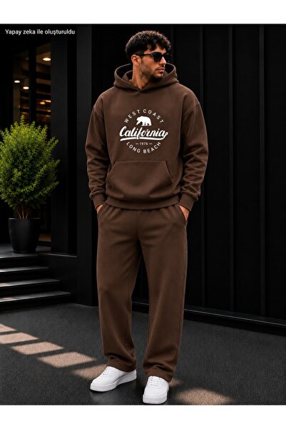 caddekombin Men's California West Coast Bear Printed Tracksuit Set / Hooded K...