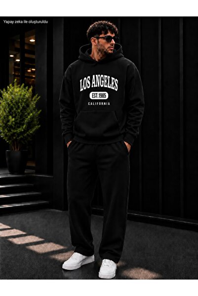 caddekombin Men's Los Angeles Est 1985 Printed Tracksuit Set / Hooded Kangaro...