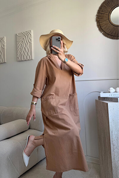 SUMEF Kamel 100% Cotton Pockets Lace Detailed Tear Detailed Midi Length Hoode...
