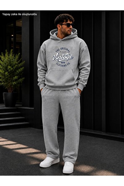 caddekombin Men's the Original Vintage Printed Tracksuit Set / Hooded Kangaro...