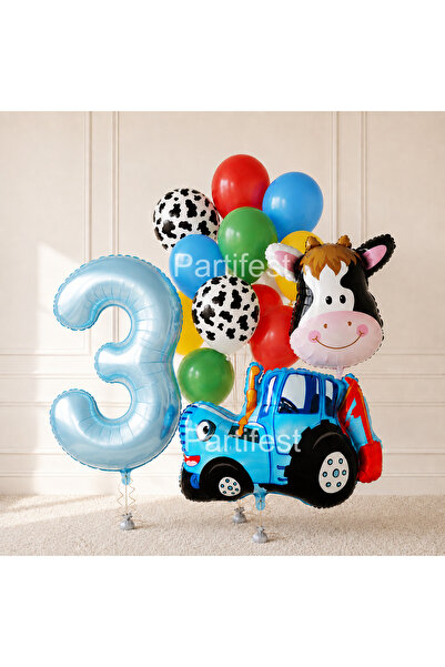 Partifesta Tractor Cow Farm Themed 3 Year Old Birthday Set with Number Balloo...