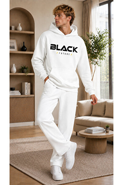 caddekombin Men's Black Future Printed Tracksuit Set / Hooded Sweatshirt with...