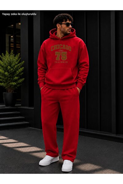 caddekombin Men's Chicago 75 Printed Tracksuit Set / Hooded Sweatshirt with K...