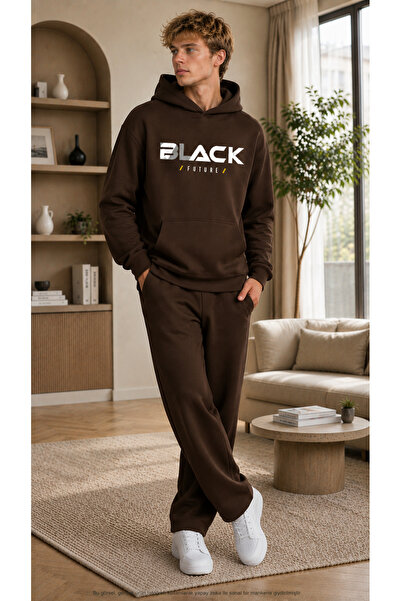 caddekombin Men's Black Future Printed Tracksuit Set / Hooded Sweatshirt with...