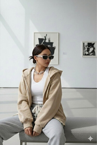 stg spor toptan giyim Women's Beige Zippered Hooded Cardigan Jacket