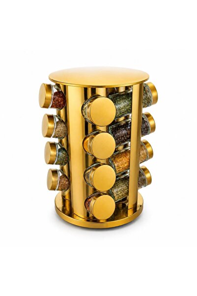 ZÜRİH COLLECTİON Dönerli Oval Cam Kavanoz Baharatlık Seti 16'li Gold Renk Bah...