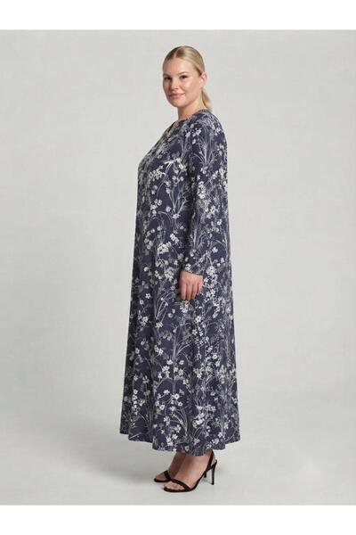 Sedef Moda Evi Plus Size Navy Blue White Botanical Floral Patterned Hijab Mother Dress Xl-4Xl