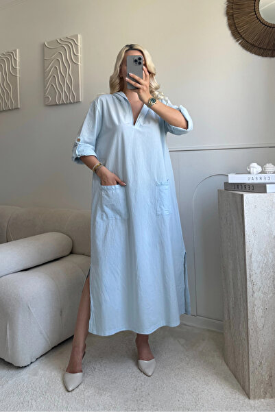 SUMEF Baby Blue 100% Cotton Ripped Midi Length Hooded Dress with Lace Details...