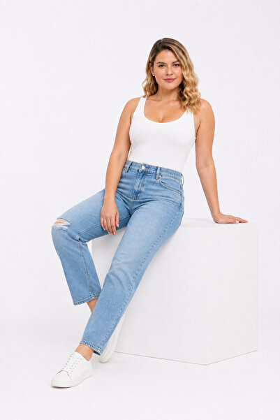 Şans Women's Plus Size, Blue, High Waist, Ripped Detail, 5 Pocket Jeans 65N39620