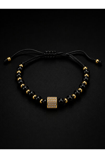 Generic Brand Zayelia_Brățară Zayelia Unisex Reglabilă cu Mărgele Negre și Accente Aurii, Element Central cu Cristale, Șnur Negru