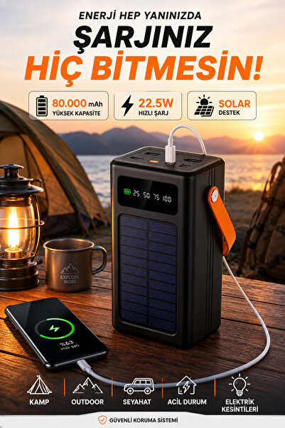 MO DOU 80.000 mAh Solar Powerbank 22.5W Hızlı Şarj Güneş Enerjili Dijital Gös...