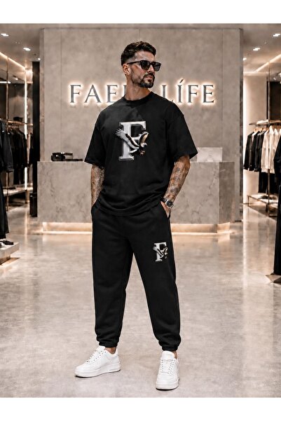 FAEL LİFE Unisex New Season T-Shirt and Sweatpants F Eagle Printed Set