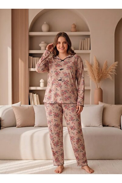 LİLA İÇ GİYİM Battal Viscose Collared Bowknot Long Sleeve Pajama Set