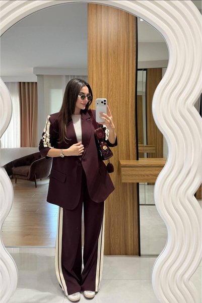 FMN Butik Premium Series Stripe Detail Single Button Buckle Fabric Lightweight Long Blazer Jacket Elastic Tie Detail Long Palazzo Pants Casual Stylish Affordable Suit