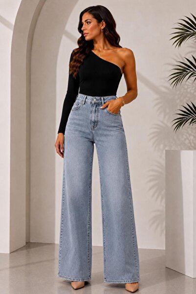 jsshop collection Pantaloni de damă tip palazzo, cu talie înaltă, din denim