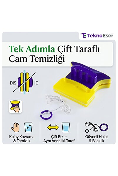 TeknoEser Çift Taraflı Mıknatıslı Cam Silici Dış Cam Temizleyici İpli Güvenli...