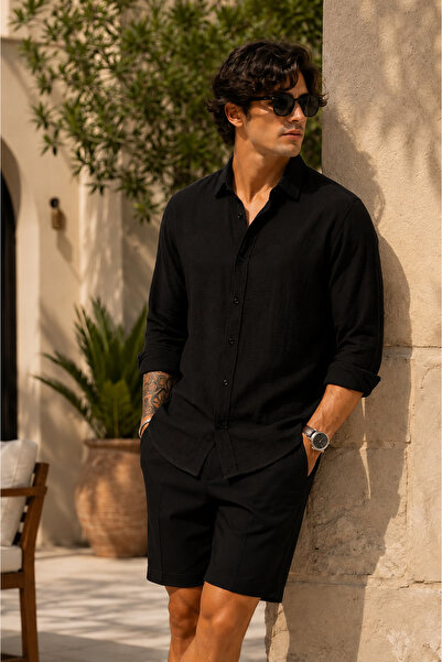 COMBİNE MİCHAİL Men's Polo Collar Loose Black Muslin Shirt