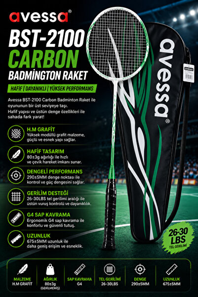 AVESSA BST-2100 Carbon Badminton Raket – H.M Grafit Yapı - Hafif Tasarım - De...