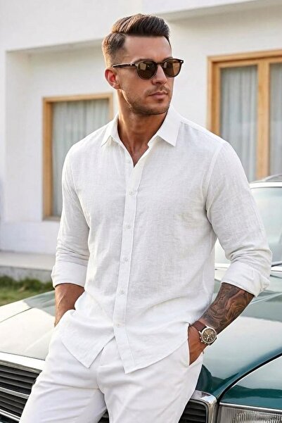 COMBİNE MİCHAİL Men's Straight Woven Trend White Shirt