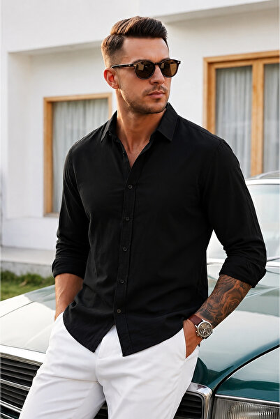 COMBİNE MİCHAİL Men's Straight Woven Trend Black Shirt