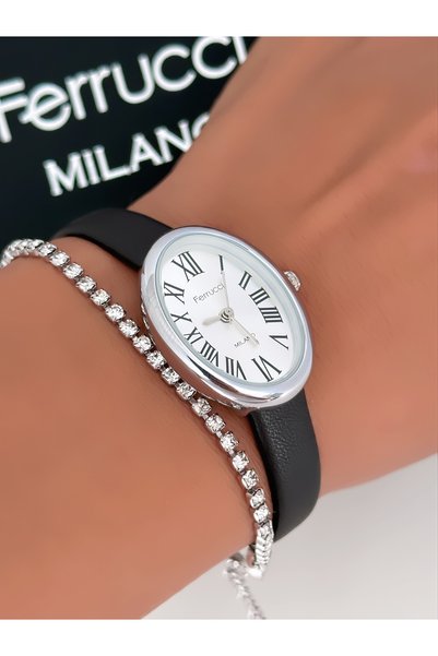 Ferrucci Leather Cord Oval Case Roman Numeral Women's Wristwatch 2 Years Warranty 3 Atm Water Resistant + Bracelet Gift