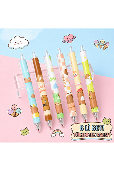 synshop 6-Piece Kawaii Cute Capybara Capibara Patterned Ballpoint Pen Set Pushable Cute Pen School Stationery Office Business Gel Ball Pen
