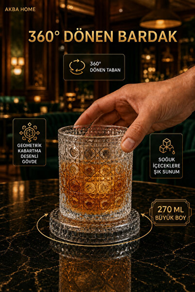 AKBA HOME 360 Derece Dönen Cam Bardak Premium 270 ml Metal Rulmanlı Döner Tab...