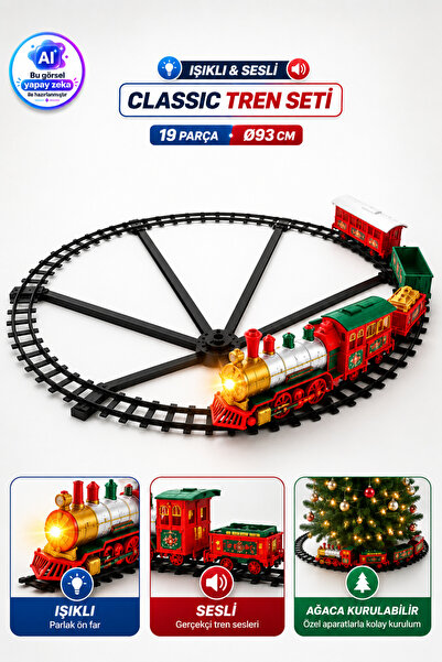 TRENDZONE Pilli Işıklı ve Sesli Classic Yılbaşı Tren Seti 19 Parça – 93 cm Ra...