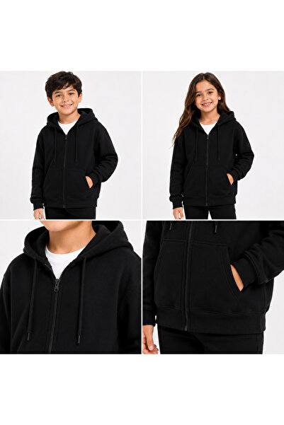 Nacar Kız&Erkek Çocuk 3 İplik Fermuarlı Kapüşonlu Okul Sweatshirt Hırka