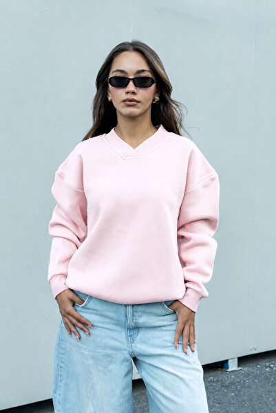 Merci Women's Pink V-Neck Oversize Sweatshirt (80% Cotton)