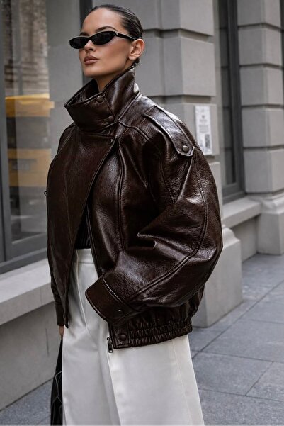 Helen Goods New Season Women's Zra Oversize Stand Collar Leather Jacket