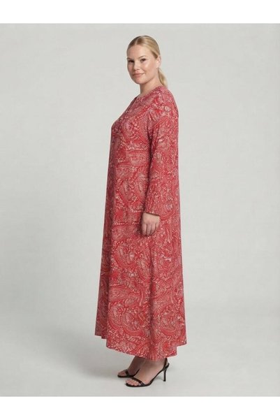 Sedef Moda Evi Plus Size Red Shawl Patterned Hijab Mother's Dress Xl-4Xl
