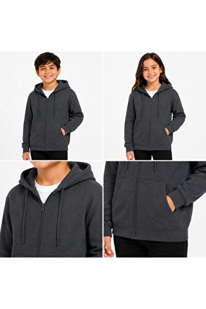 Nacar Kız&Erkek Çocuk 3 İplik Fermuarlı Kapüşonlu Okul Sweatshirt Hırka
