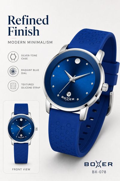 BOXER BX-078 Analog Wrist Watch – Blue Sunburst Dial, Silver-Tone Case, Blue Textured Silicone Strap & Date Display