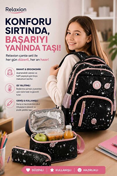 Relaxion 1390 3’lü Okul Çantası Seti – Sırt Çantası + Termostatlı Beslenme Ça...