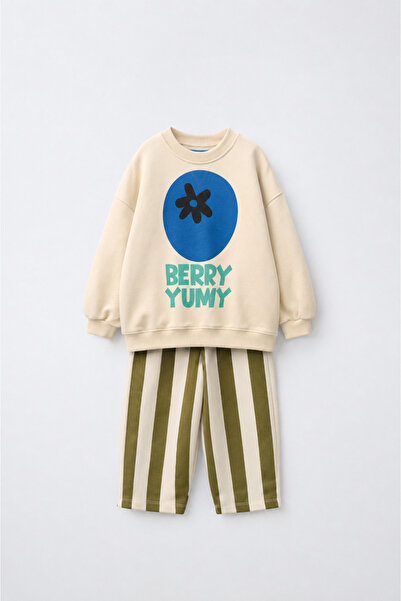 Magu Children's Blueberry Printed Ecru Sweatshirt and Green Striped Sweatpant...